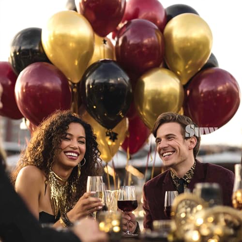 SUWEN Maroon and Gold Balloons, 60Pcs 12inch Burgundy Metallic Gold and Black Latex Balloons Kit for Birthday Graduation Anniversary Party Decoration - color: Burgundy Gold