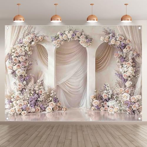 7x5ft 2D Wedding Arch Backdrop Rose Lavender Soft Champagne Drape Romantic Photography Background Mother's Day Bridal Shower Party Decorations Photo Booth Banner