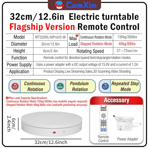 12.6In Remote Motorized Electric Turntable Rotating Display Stand Rotating Platform Photography Turntable motorized lazy susan base giratoria para for Photography,3D Scanner,(Load Range:88~300lbs) - size: 12.6inch/White/300Lbs Load