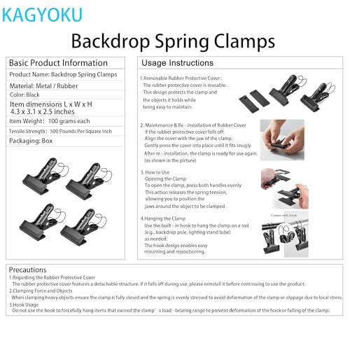 Backdrop Spring Clamps With Hook- 4 Pack of 4" Heavy Duty Clips for Photography Background Stands, Woodworking & Home Improvement Projects - size: 4 Packs