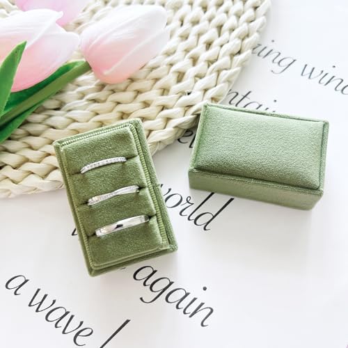 Rectangle 3 Slots Italian Velvet Jewelry Box Engagement Wedding Photo Ring Box Keepsake Box Triple Ring Gift Box (Olive Green) - color: Olive Green