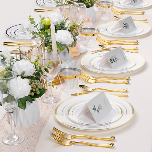 BESTSTAR 7 Inch White with Gold Rim Plastic Plates,100PCS Disposable Dessert/Appetizer/Small Cake Plates,Heavy Duty Plate Ideal for Wedding and Birthday - color: White Gold, size: 7 inch