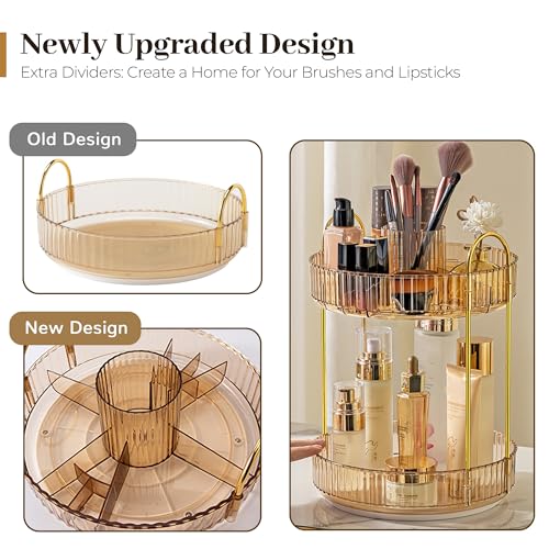 Aveniee 360 Rotating Makeup Organizer for Vanity, Upagraded Perfume Skincare Bathroom Counter Organizers with Brush Divider, Two Tier Spinning Lipstick CosmeticLotion Storage,Gold - color: Amber Gold, size: New-2 Tier