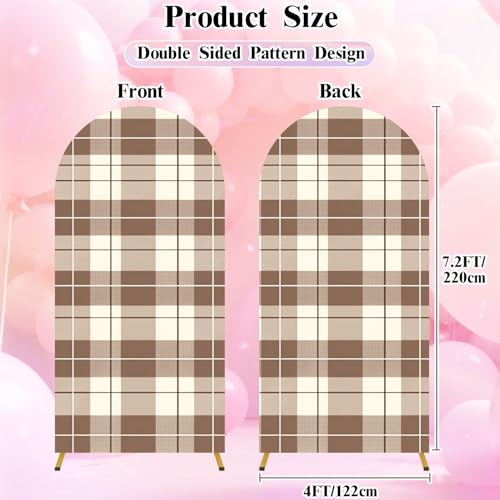 7.2FT Wedding Arch Backdrop Cover Brown White Plaid Check Seamless Patten Tartan Autumn Plaid Textured Spandex Fitted Fabric Round Top Stretchy Stand Covers for Baby Shower Birthday Party Decoration - color: Color4, size: 7.2x4 FT