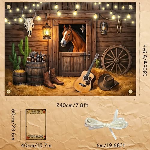 Large Western Backdrop for Photoshoot 8x6Ft Cowboy Backdrop Wild West Wooden Barn Horse Photo Background with 19.68Ft Ribbon and Wanted Photo Booth - color: Western, size: 8x6 Ft
