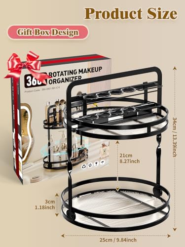 Rotating Makeup Vanity Organizer, 360 Spinning Perfume Organizer for Dresser, 2 Tier Bathroom Countertop Organizer, Black Lazy Susan Skincare Storage, Cosmetic Display Case with Brush Holder - color: Upgraded -Black