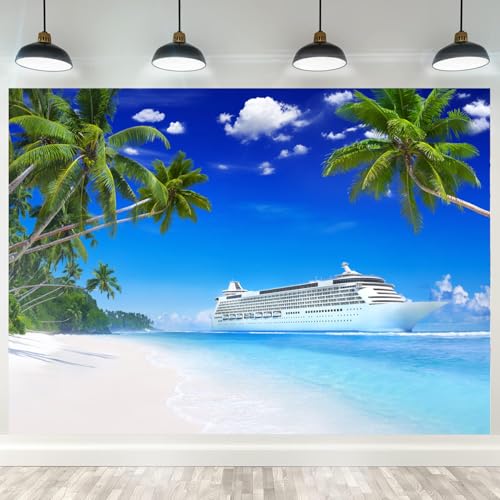 Luxury Cruise Ship Backdrop Tropical Ocean Beach Photography Backgrounds Island Palm Trees Summer Travel Hawaiian Luau Party Decor Photo Booth Props 5x4ft - size: 5X4FT