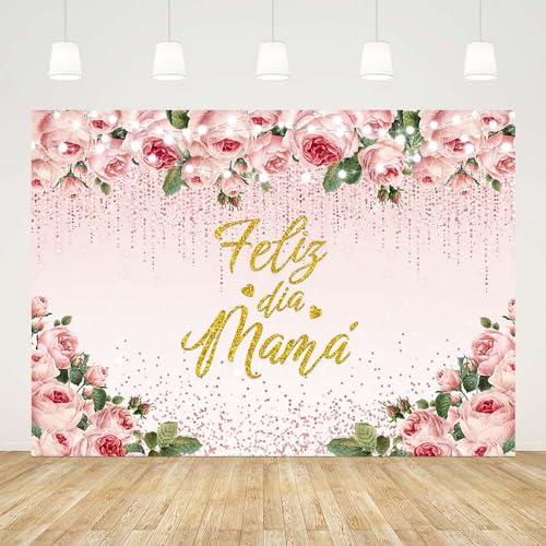 AIBIIN 7x5ft Feliz Dia Mama Backdrop Mexican Happy Mother's Day Photography Background Pink Gold Floral Glitter Party Decorations Feliz Día De La Madre Thanks Mother Party Banner Photo Props - color: Pink Feliz Dia Mama, size: 7x5ft