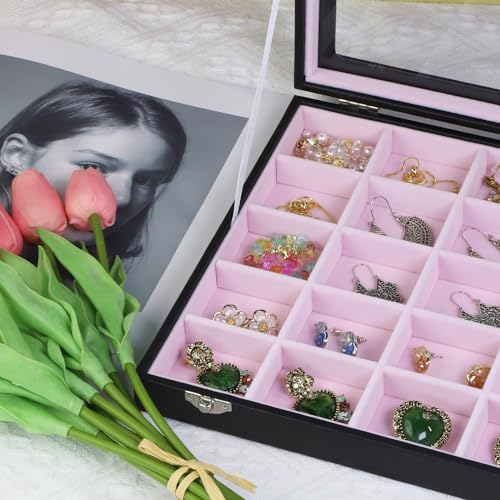 Stratalife Jewelry Organizer Earring Holder Jewelry Tray with Lid Earring Storage Drawer Organizer Earring Ring Storage for Women 30 Grid (Pink Black) - color: Pink-Black, size: 30 Grid
