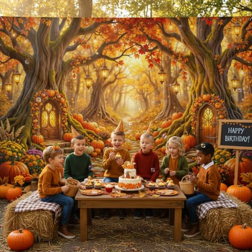 5X3ft Enchanted Forest Autumn Backdrop for Photography Fairy Tale Magic Fall Garden Pumpkin Maple Wonderland Floral Background for Kids Birthday Photo Booth Props - color: Multi14, size: 5x3ft