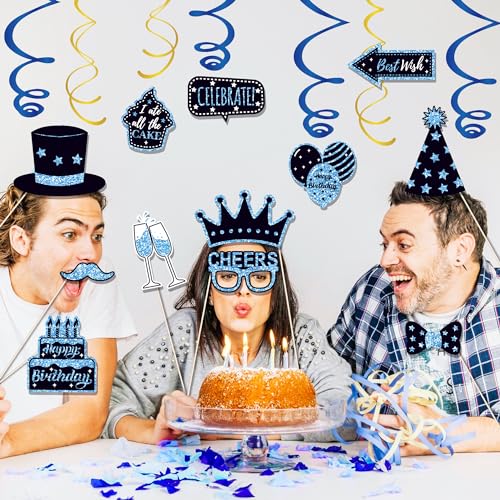 36 PCS Birthday Photo Booth Props Party Supplies Holiday Picture Decorations Photo Booth Props for Birthday Party Favors Pose Sign Kit Fun for Party (Black and Blue) - color: Black and Blue