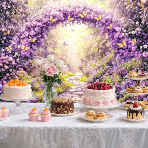 6X4FT Purple Flower Photography Backdrop Spring Enchanted Forest Floral Arch Background Butterfly Decorations Fairy Tale Banner Girls Princess Wedding Birthday Party Baby Shower Photo Booth Props - color: Purple, size: 6X4FT