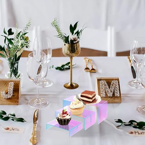 12 PCs Iridscent Risers Display Stands 3 Tiers Desktop Acrylic Shelves Small Cake Dessert Holder Products Stand for Collectibles Shoes Jewels Pop Figure (Iridescent2) - color: Iridescent 12 PCs
