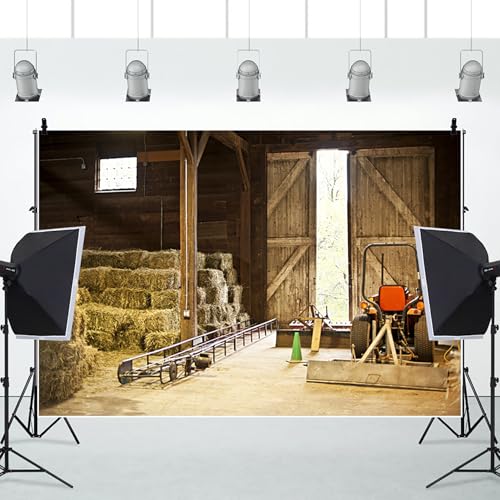 Renaiss 7x5ft Farmhouse Barn Interior Backdrop for Photoshoot Haystack Straw Bales Tractor Photography Background Western Country Xmas Party Nativity Decoration Kids Adults Photoshoot Photo Props - color: Brown, size: 7x5ft
