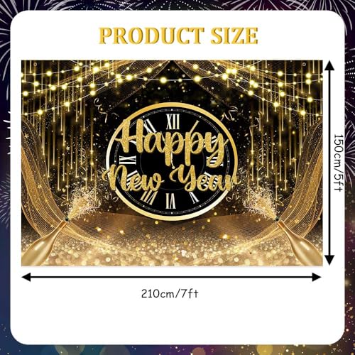 AIBIIN 7x5ft Happy New Year Backdrop 2026 New Years Party Decorations Black Gold New Years Eve Annual Countdown Party Supplies Gold Glitter Champagne Fabulous Family Party Banner Photo Shoot Props - color: Black Gold, size: 7x5ft