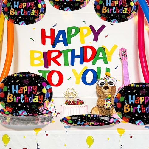 50 Pcs Happy Birthday Oval Paper Plates 10"x12" Large Colorful Black Birthday Plates Disposable Heavy Duty Birthday Theme Party Plates Happy Birthday Party Supplies for Boys Girls Birthday Party Decor - style: Black Birthday Oval Plates