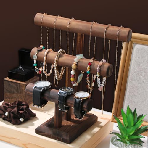 Bracelet Holder, Bracelet Display Stand for Vendors, T-Bar Necklace Scrunchie Wooden Storage Rack, Bangle Watch Jewelry Display Tower (3 Tier) - size: 3 Tier