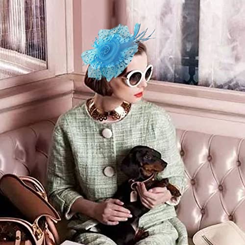 Fascinators Hats with Gloves Set for Women 20s 50s Cocktail Tea Party Wedding Costume Headwear - color: 02 Sky Blue