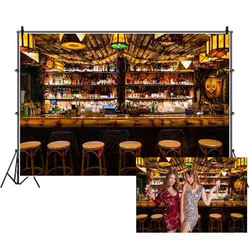 Renaiss 9x6ft Fabric Luxury Bar Backdrop Tiki Bar Theme Party Decorations Vintage Club Interior Drink Shelf Background for Photography Adults Birthday Party Supplies Photo Studio Props - size: 9Wx6H FT