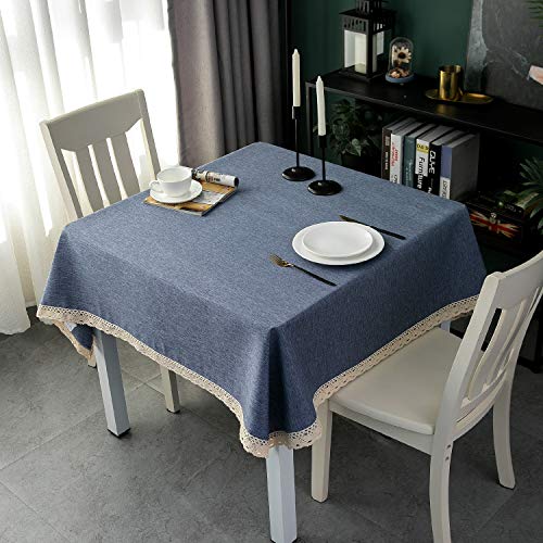EHouseHome Faux Linen Tablecloth with Lace Trim - Waterproof/Spill Proof/Stain Resistant/Wrinkle Free/Oil Proof - for Banquet, Parties,Dinner,Kitchen,Wedding,Holiday,Denim Blue Square 52X52Inch - color: Denim Blue, size: 52" x 52" (Square)
