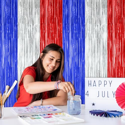 2 Pack 4th of July Decorations, 3.28 FT x 7.05 FT 250 Anniversary Tinsel Backdrop, Red Silver Blue Fringe Curtains Streamer Backdrop, Independence Day Photo Backdrop Party Supplies - color: Blue Silver Red, size: 2 PCS
