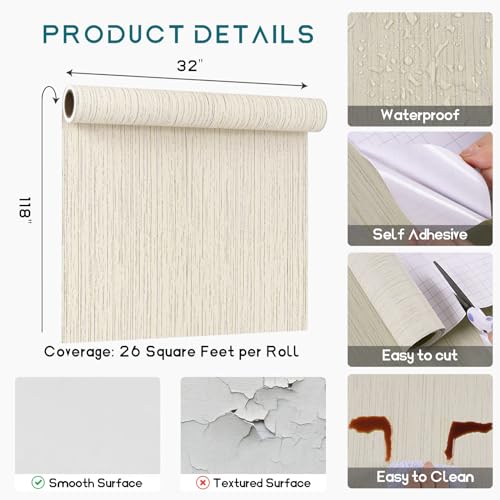 VEELIKE 32''x118'' Ecru White Grasscloth Wallpaper Textured Peel and Stick Cream Grass Cloth Wallpaper for Bedroom Bathroom Living Room Removable Linen Vinyl Self Adhesive Grasscloth Contact Paper - color: Ecru White, size: 32" x 118"