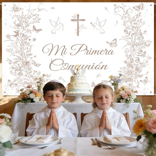 MEHOFOND 71x43 Inch Mi Primera Comunión Backdrop Vintage Floral Baptism Decorations Light Brown First Holy Communion Photography Background God Bless Christening Party Backdrop Banner Photo Booth Prop - color: Light Brown, size: 6x3.6ft