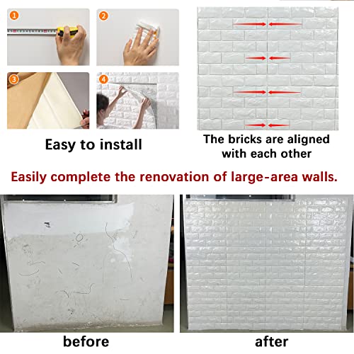 3D Wall Panels Peel and Stick 11PCS White Foam Brick Wallpaper for Bedroom Faux Stone Wall Panel Self-Adhesive Wallpaper (11PCS-10.65 Sq Ft, White) - color: White, size: 11pcs-10.65 Sq Ft