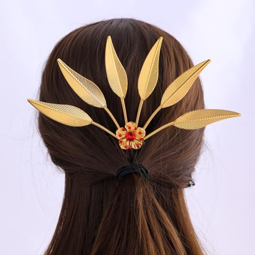 Lureme Thai Ethnic Hairpieces Alloy Leaf Hairpin with Rhinestones Hair Accessories for Women(hb000015-1) - color: gold with red strass
