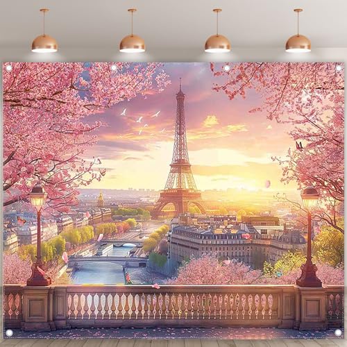 10x8ft Fabric Eiffel Tower Backdrop Paris Landscape Floral Lake Bridge Photography Background Wedding Girls Birthday Party Decorations Photo Booth Props - size: 10'x8'