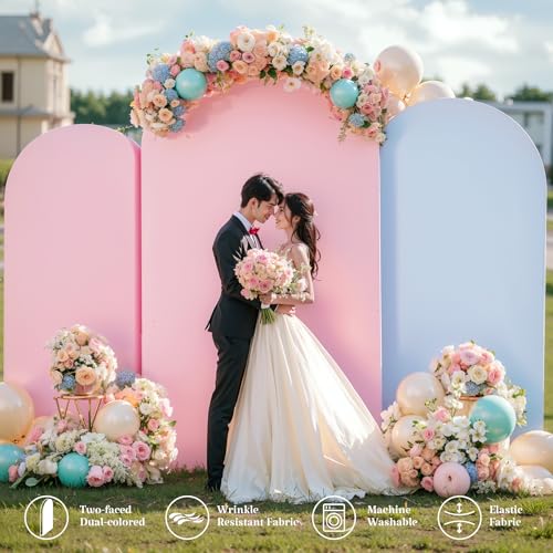 Wedding Arch Backdrop Cover Set of 3, Blue and Pink Double Color Arch Stand Covers, 6FT, 5FT, 4FT Spandex Fitted Arch Covers for Wedding Baby Shower Party Banquet Photography Background Decoration - color: Pink+Blue, size: 6FT,5FT,4FT