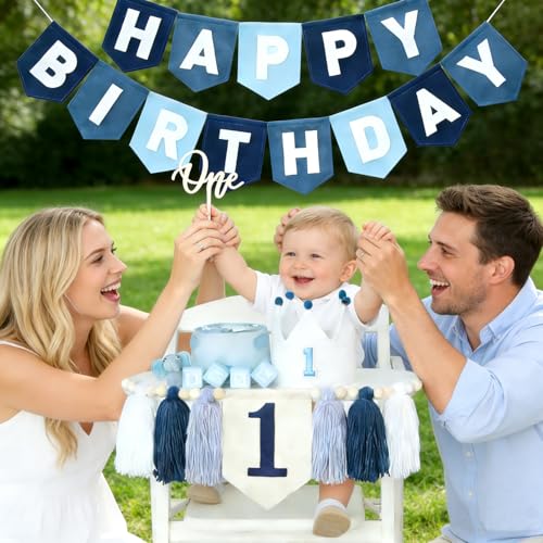 Navy Blue 1st Birthday Decorations for Boy -high chair banner first birthday boy Felt Happy Birthday Banner,birthday cake topper & Crown Hat,All-in-one First Birthday Decor Kit for Baby Boy - color: Blue