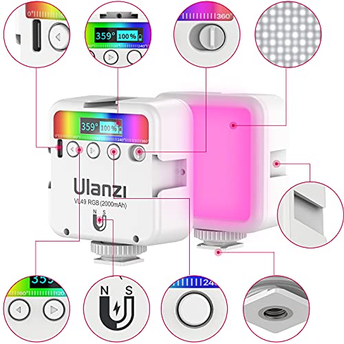 ULANZI VL49 RGB Video Lights White, LED Camera Light 360° Full Color Portable Photography Lighting w 3 Cold Shoe, 2000mAh Rechargeable CRI 95+ 2500-9000K Lamp Support Magnetic Attraction - color: White