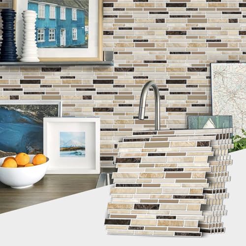 VICCI 12-Sheets Peel and Stick Tile Decals 12”×12” Stick on Backsplash for Kitchen, Wall Stickers Vinyl Waterproof Self Adhesive for Bathroom Laundry Room (Beige & Yellow & Brown) - color: Spt-004, size: 12 x 12 inch (Marble style)