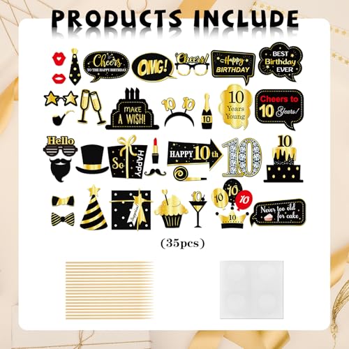INNORU 10th Birthday Photo Booth Props, Kids 10th Birthday Photoshoot Funny Birthday Party Photography Props Favor Ten Years Old Centerpiece Sticks Decorations Black & Gold 35 PCS - size: 10