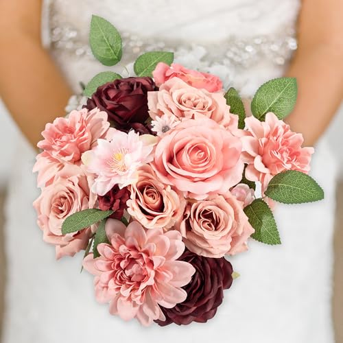 30 Pcs Artificial Flowers Combo Red Flowers Mix Silk Flowers Dahlia Roses with Stems for DIY Wedding Bridal Bouquets, Baby Shower, Floral Arrangement, Table Centerpieces, Home Decorations. - color: Red/Pink1