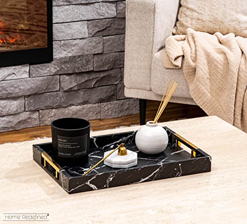 Home Redefined Modern Elegant 17.5"x12" Rectangle Black Marble Faux Leather Decorative Tray Ottoman Coffee Table Perfume Living Room Kitchen Serving Tray with Gold Polished Handles for All Occasion's - color: Black Marble/Gold