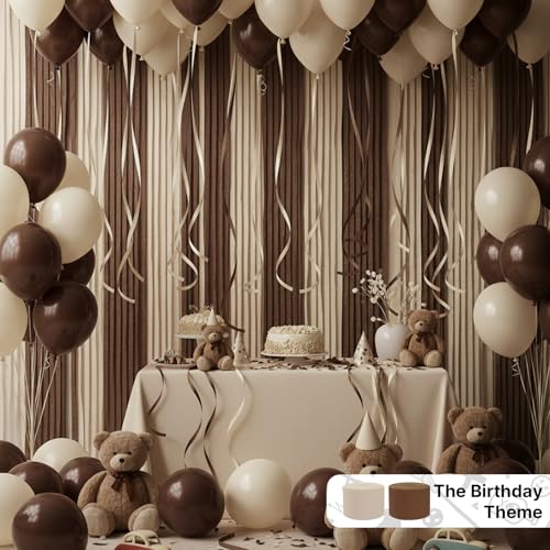 PartyWoo Brown Crepe Paper Streamers 4pcs 328ft Pack of Boho Neutral Sand White Crepe Paper Streamers for Birthday Baby Shower Wedding Graduation Anniversary Woodland Jungle Theme Party Decorations - color: Brown-9632