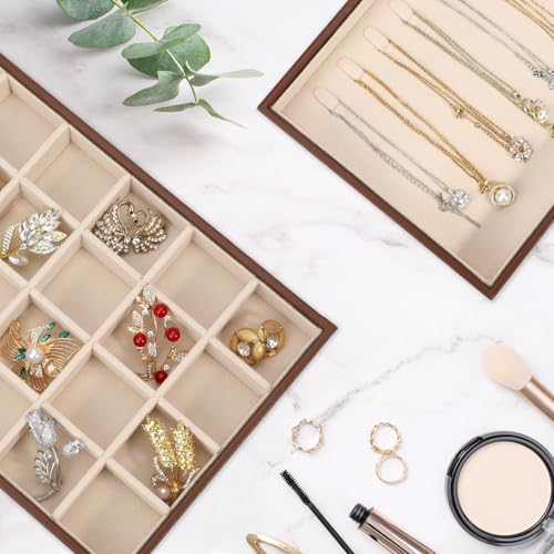 Voova Stackable Jewelry Organizer Tray with Lid, PU Leather Jewelry Storage Holder for Drawer Inserts, Jewellery Display Box Case for Earring Necklace Ring Watch Bracelet (Set of 4, Caramel Brown) - color: Caramel Brown