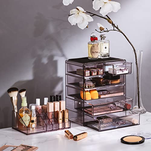 Sorbus Acrylic Makeup Organizer Set, 6-Drawer Vanity & Countertop Cosmetic Storage with Small & Wide Compartments, Purple Makeup Storage for Brushes, Jewelry – Holiday Gift for Women & Teens - color: Purple, size: 4 Large, 2 Small Drawers