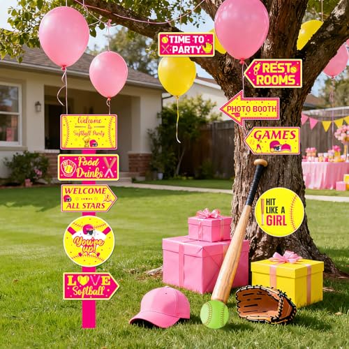 20PCS Softball Birthday Decorations Sign Softball Cutouts Yard Outdoor Wall Road Decors Directional Signs for Sports Themed Birthday Baby Shower Decors Party Supplies Photo Props - style: Softball