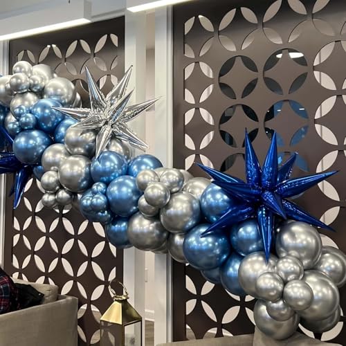 Blue Silver Star Foil Balloons, 22 Inch Blue and Silver Explosion Star Cone Spike Balloons Large for Birthday Graduation Wedding Anniversary Party Backdrop Decoration - color: Blue Silver