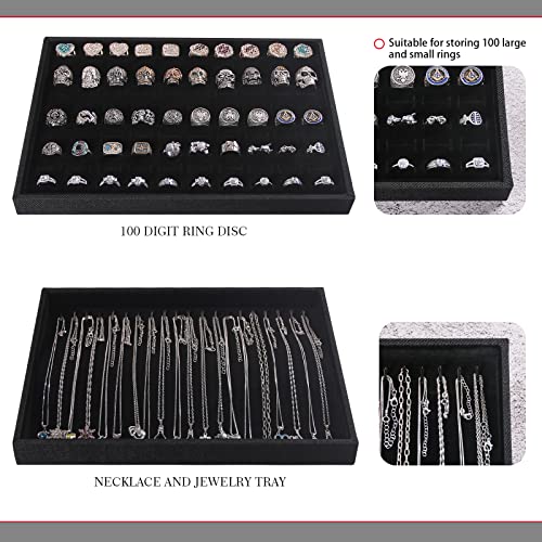 Julysky 4 Pcs/set Stackable Jewelry Organizer Trays for Drawer,100 Slots Ring Tray,Necklace Tray,12 Grid,24 Grid Jewelry Displays for Selling,Black - size: 100slot+Necklice+12grid+24grid