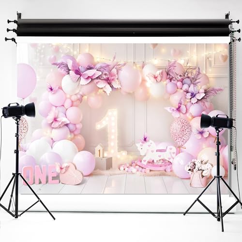 Girl 1st Birthday Backdrop 7Wx5H Feet Purple Pink Princess Balloons Lights Butterfly First Bday Photography Background Birthday Party Decorations Photo Booth Studio Prop Fabric - color: Pink Purple Birthday, size: 7Wx5H