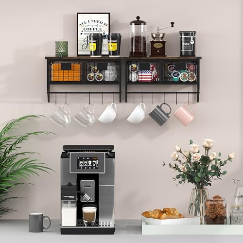 Helsin Industrial Wall Mounted Metal Wood Floating Shelves with Baskets Hooks Hanging Display Shelf Sundries Holder for Coffee Bar Kitchen Bathroom Organization and Home Decor, Black (16inch, 2 Sets) - color: 2 Sets