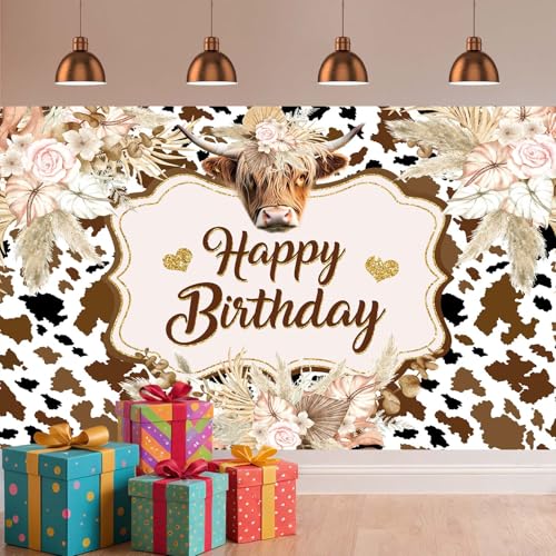 Wathon Western Cow Birthday Backdrop for Photography Brown Highland Cattle with Floral Pampas Grass Party Decorations Banner Boho Fun Farm Cow Photo Background Booth Video Studio Props 5X3FT - color: Fun Cow, size: 5X3FT
