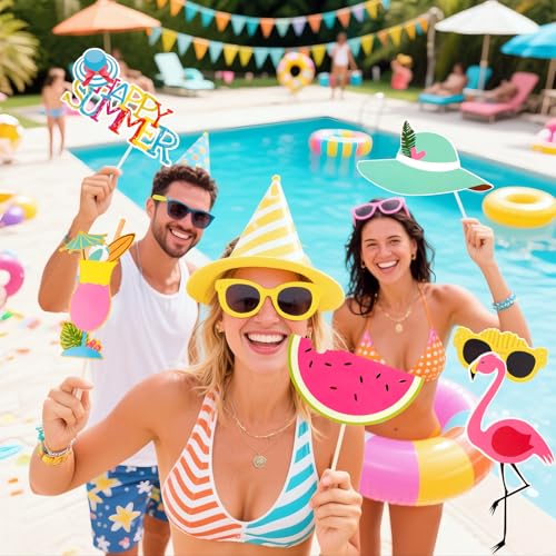 SUNBEAUTY 12 Pcs Summer Photo Booth Props Beach Summer Pool Party Decorations Luau Photo Booth Props Tropical Tiki Beach Pool Party Favors for Baby Shower, Birthday, Hawaii - color: Summer