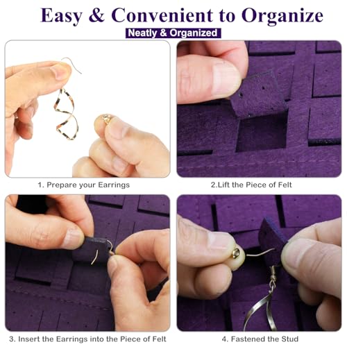 Resovo Hanging Earrings Organizer, Wall Earring Holder with 2 Hooks, Holds Up To 300 Pairs, Compact Design, Soft Material-Dark Purple - color: Dark Purple, size: 22.5*13.6 inches