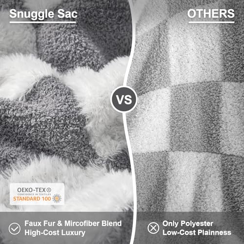 Snuggle Sac Faux Fur Checkered Blanket Twin Size with Soft Knitted Microfiber Fabric,Cozy Soft Warm Blanket for Sofa Bedroom Living Room,Grey Checker,60x80 inches - color: Grey White, size: Twin(60"x80")
