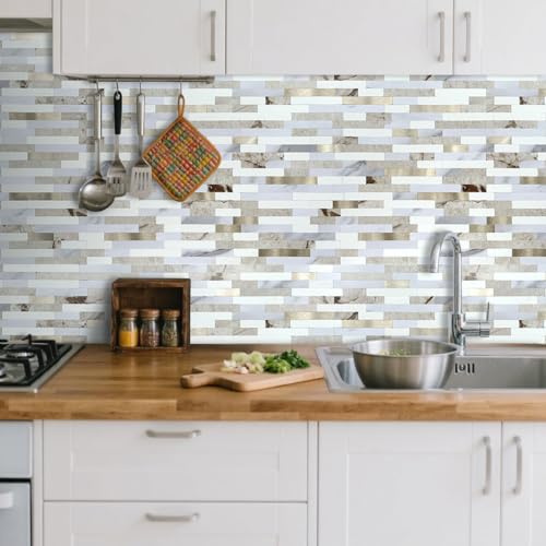 AULIGET 2 Sheets Faux Stone Peel and Stick Backsplash, Beige & White Marble Look PVC Wall Tile Stick on Backsplash for Kitchen and Bathroom - color: Beige & White Marble + Metal Gold, size: 2 Sheets, 6"x12"x0.12"